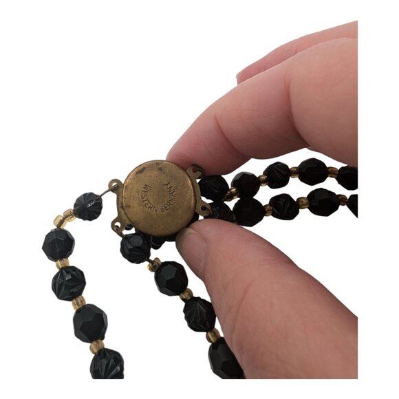 Vintage Western Germany Double-Strand Black Iridescent Bead Necklace Box Clasp - Picture 4 of 9